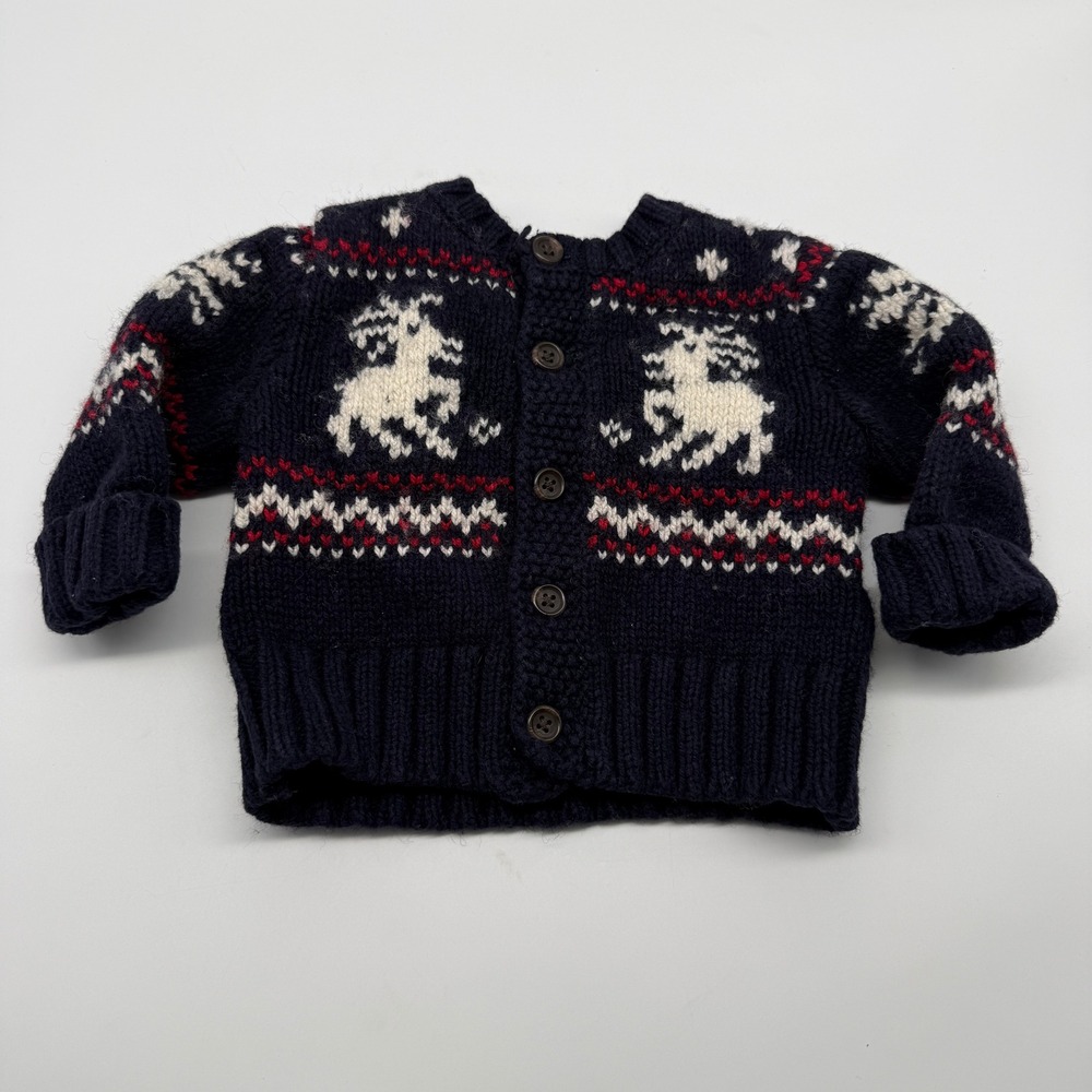 Ralph Lauren Cardigan Baby 3M Navy Reindeer Fair Isle Cotton Wool Sweater